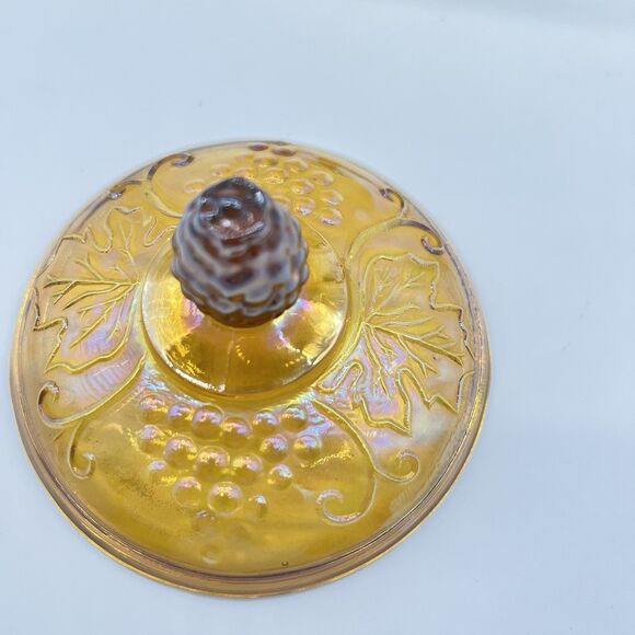 VTG 70s Indiana Amber Glass Carnival Autumn Harvest Grape Candy Jelly Dish w/Lid - Picture 5 of 11
